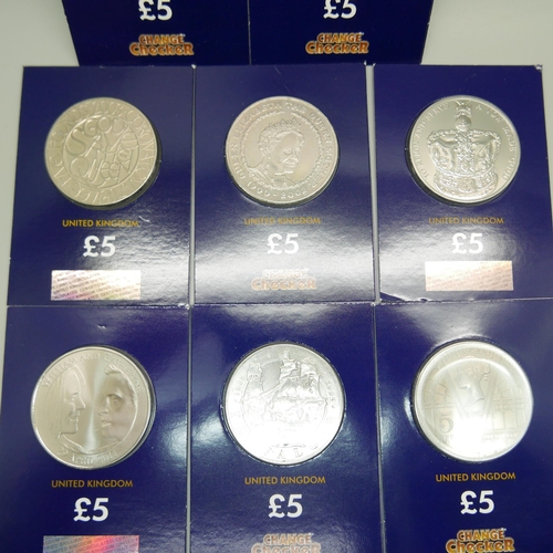 908 - Eight uncirculated £5 coins; 1998, 1999, 2001, 2002, 2003, 2005, 2011, 2013 in sealed packs