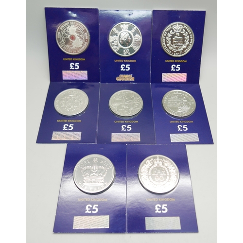 909 - Eight uncirculated £5 coins in sealed packs; 2015, 2016, 2017 (2), 2019, 2020 (2) and 2021