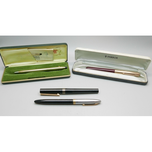 913 - A cased Sheaffer pen with 14k gold nib, a cased Parker pen with gold plated top, a cased Cross ballp... 