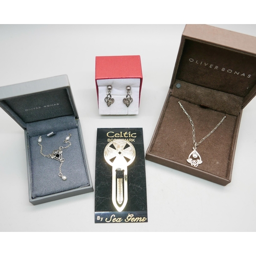 925 - Two silver Celtic necklaces, earrings and a Sea Gems bookmark