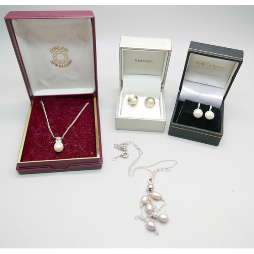 937 - Two silver and cultured pearl necklaces and two pairs of cultured pearl earrings