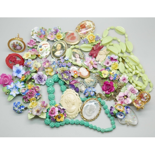 941 - A collection of floral themed jewellery, two Limoges pieces, one vintage blue necklace, Denton china... 