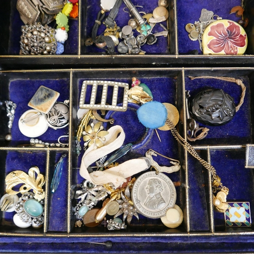 947 - A Victorian jewellery box with vintage jewellery , a victorian carved jet bluebell love brooch (af),... 