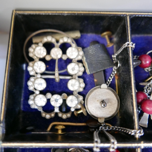 947 - A Victorian jewellery box with vintage jewellery , a victorian carved jet bluebell love brooch (af),... 