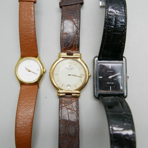 957 - Three wristwatches; a silver Cyma Flamingo, Raymond Weil and lady's Tissot