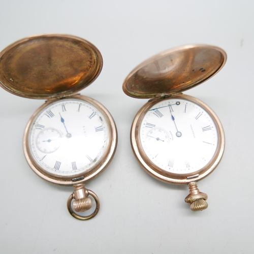 962 - Two full hunter pocket watches; Elgin and Waltham Pantic lacking loop