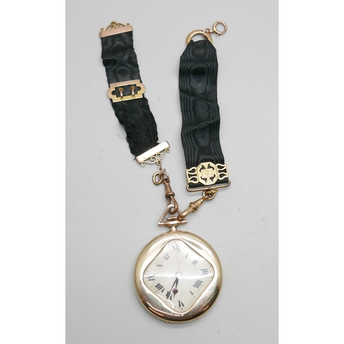 966 - An Art Deco 9ct gold dress pocket watch, London import mark for 1914, with two fob ribbons, total we... 