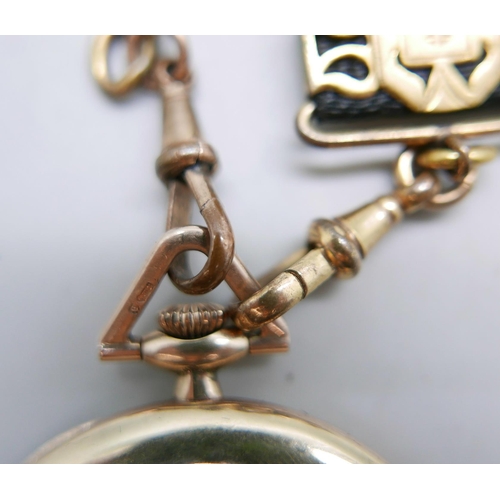 966 - An Art Deco 9ct gold dress pocket watch, London import mark for 1914, with two fob ribbons, total we... 