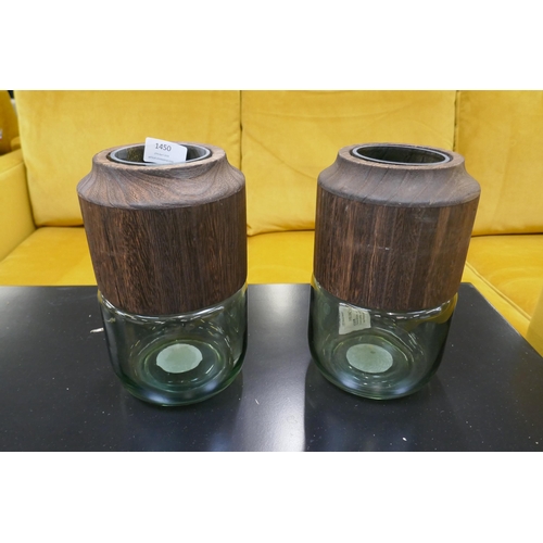 1450 - A pair of Sage glass vases with wooden accents