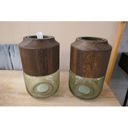A pair of Sage glass vases with wooden accents
