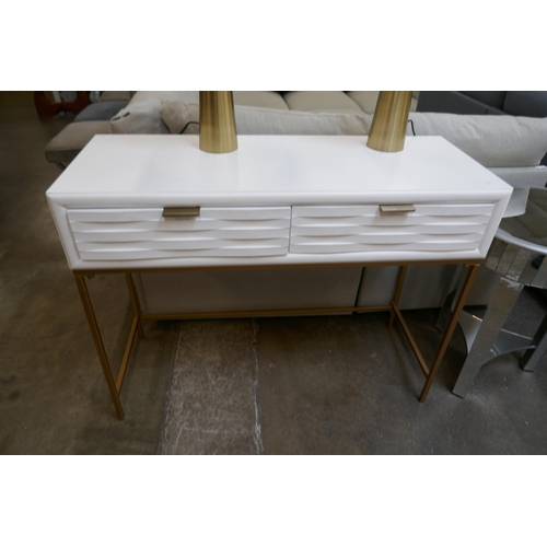 1478 - A white two drawer console table with gold legs