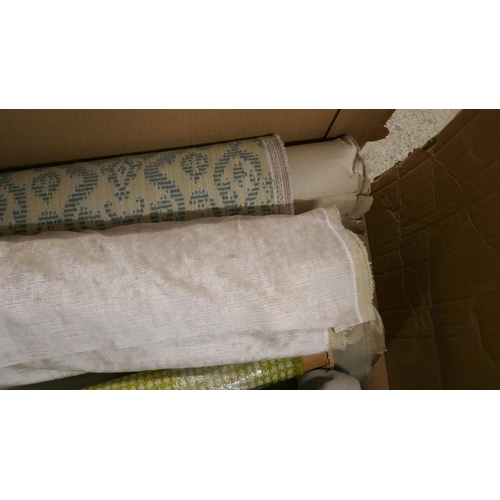 A box of upholstery fabric part rolls and roll ends