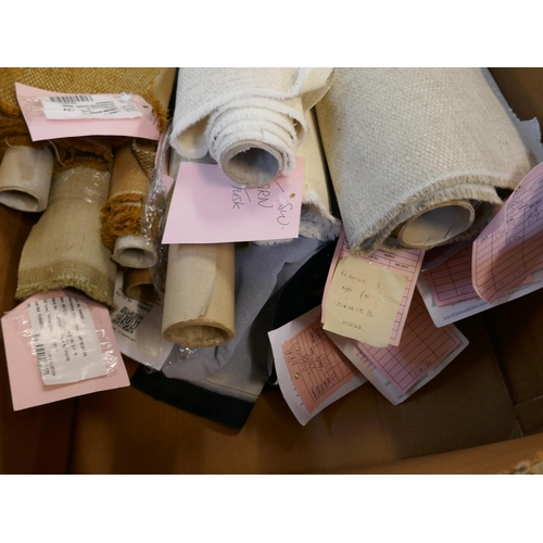 1584 - A box of upholstery fabric part rolls and roll ends