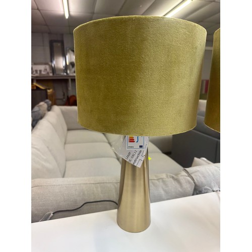 1479 - A pair of brass lamps with olive velvet shades