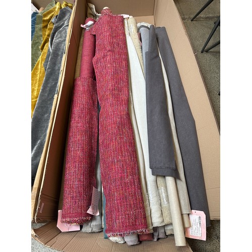 1645 - A box of upholstery fabric part rolls and roll ends