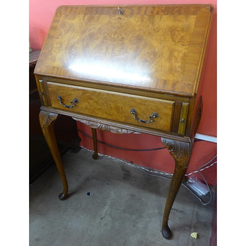 119 - A Queen Anne style burr walnut bureau de dame