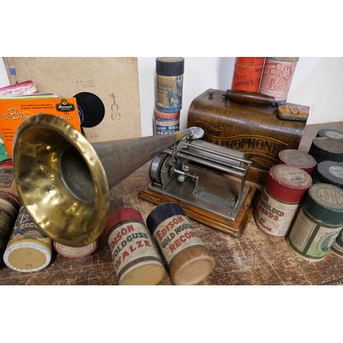 250 - An early 20th Century oak cased Columbia Phonograph Graphophone, with horn speaker, needles, a large... 