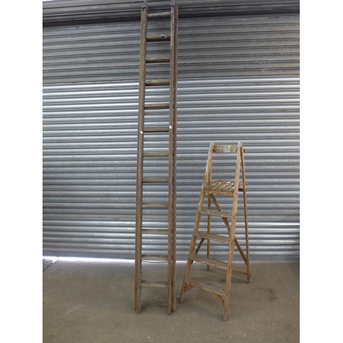 2185 - 3 Wooden ladders; double 12 rung, double 14 rung and 5 rung stepladder