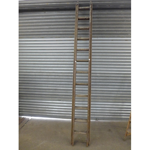 2185 - 3 Wooden ladders; double 12 rung, double 14 rung and 5 rung stepladder