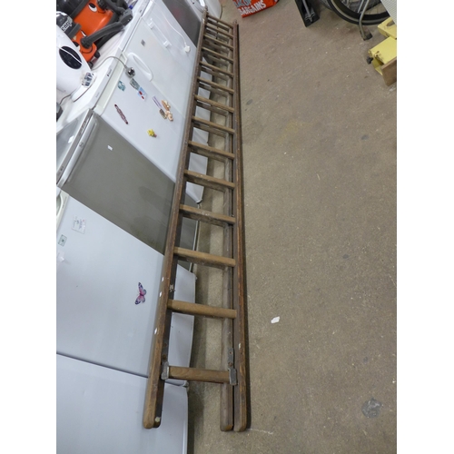 2185 - 3 Wooden ladders; double 12 rung, double 14 rung and 5 rung stepladder