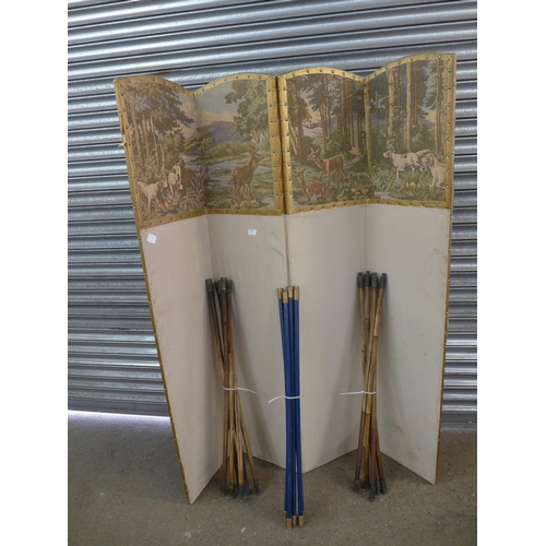 2187 - A vintage room divider and a set of chimney rods