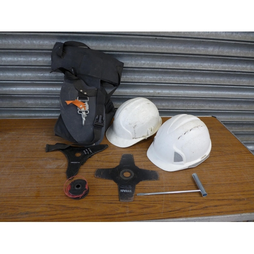 2213 - A McAllister (MBLP254) strimmer/bush cutter and accessories including hard hats and harness etc.