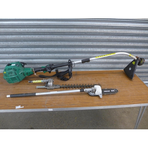 2214 - A Gardenline 25cc petrol driven grass trimmer multi tool with an Oregon double guard chainsaw blade,... 