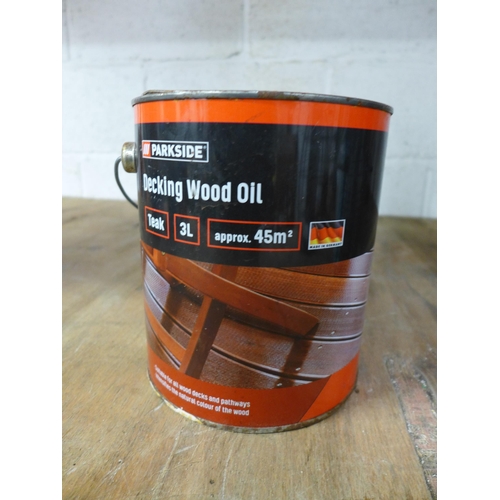 2242 - Two 3 litre tins of Ronseal natural oak decking Protector and two 3 litre tins of Parkside Teak deck... 