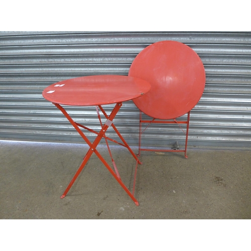 2269 - 2 Red metal folding circular garden tables