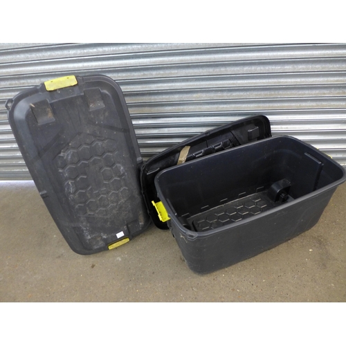 2270 - 2 Large black and yellow mobile storage boxes with lids