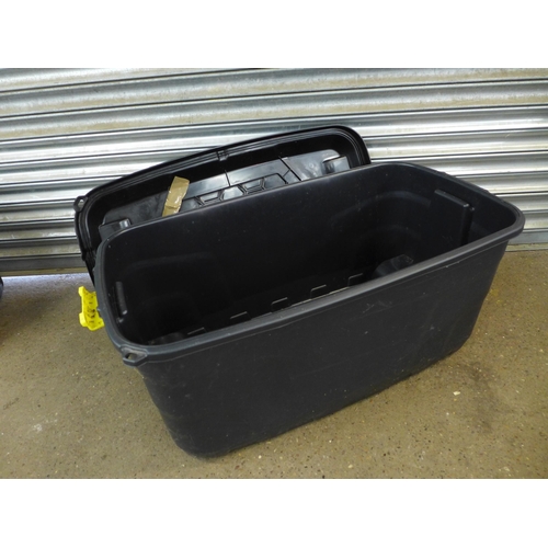 2270 - 2 Large black and yellow mobile storage boxes with lids