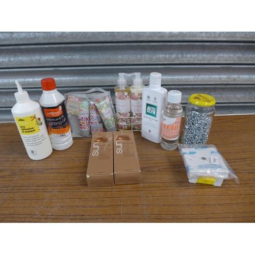 2297 - A box of miscellaneous items including screws, adhesive, fire lighting gel, sun tan lotion, dish rac... 