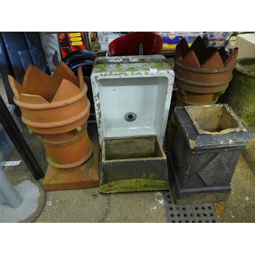 2314 - 5 assorted Vintage chimney pots and a large ceramic Belfast sink