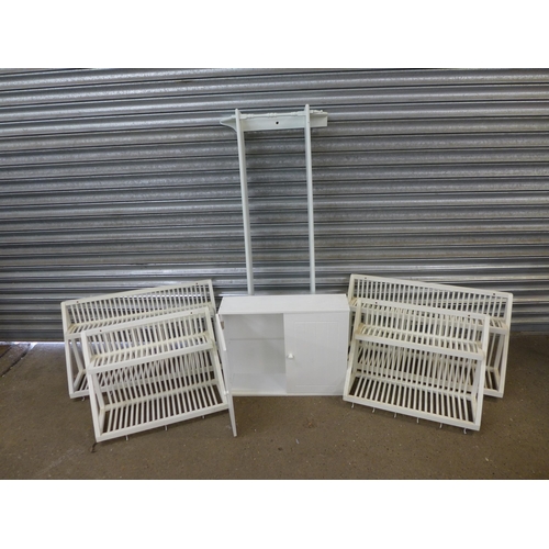 2315 - Two small Pulleymaid plate racks, two large Pulleymaid plate racks, a two door 60cm x 50cm wooden ca... 