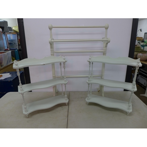 2349 - Two sets of small wooden wall shelves, a wooden towel rail and one other set of wooden wall shelves