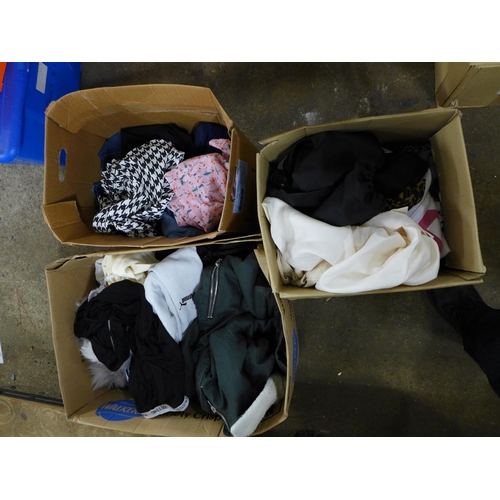 2357 - 3 Boxes of clothes including jeans, Puma tops, coats, women's tops and trousers