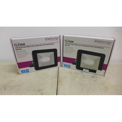 2078 - Two Knightsbridge FLF50M 230v IP65 50w 4000k LED floodlights with microwave sensors - boxed and unus... 