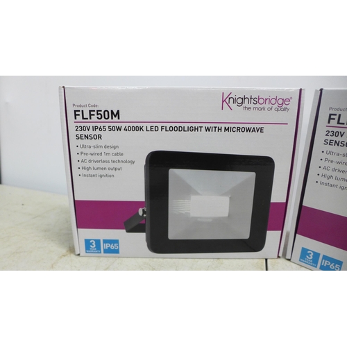 2078 - Two Knightsbridge FLF50M 230v IP65 50w 4000k LED floodlights with microwave sensors - boxed and unus... 