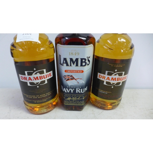 2101 - Two 70cl bottles of Drambuie and a 70cl bottle of Lamb's Navy Rum