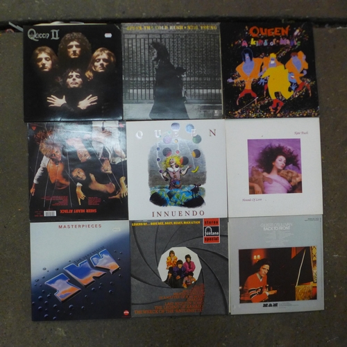 2115 - A box of approximately 30 LP records, mostly Queen, Fleetwood Mac, Earth, Wind and Fire, Kate Bush, ... 