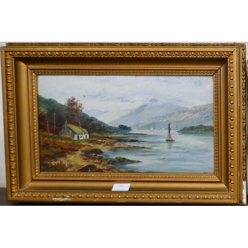 English School (19th Century), landscape with a boat on a lake, oil on board, monogrammed M.M., framed
