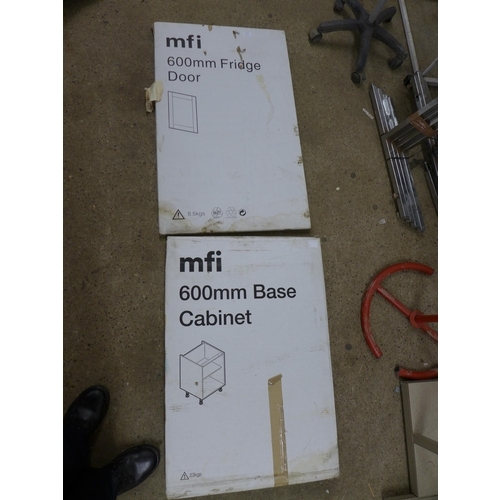 2321 - An MFI 600mm white base cabinet and an MFI 600mm white fridge door - both boxed and sealed