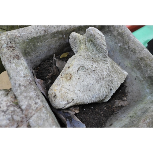 2302 - A concrete watering can planter and a concrete donkey with cart planter