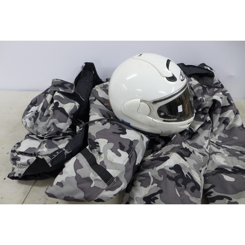 2378 - An X-Lite motorbike helmet and a set of leathers