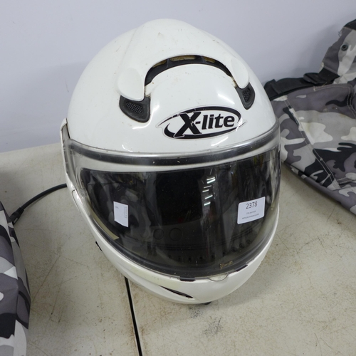 2378 - An X-Lite motorbike helmet and a set of leathers