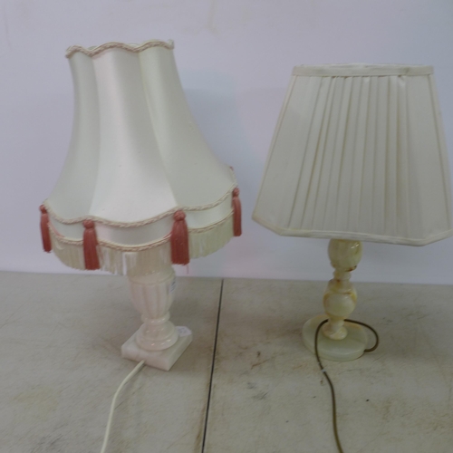 2382 - Two vintage stone based lamps and shades