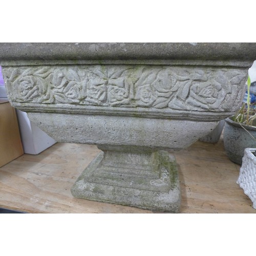 2343 - A large square stone planter with pedastal