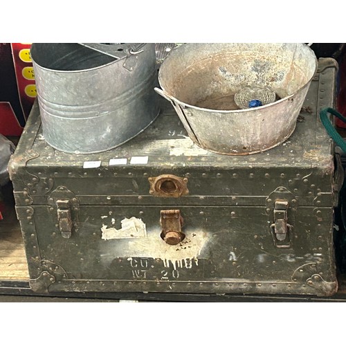 2428 - A U.S.. Army Everwear Trunk and Luggage Co. BC-5 chest, a galvanised mop bucket, cast iron bucket an... 