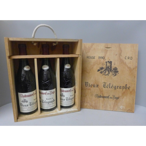 1299 - Three bottles of 1990 Chateuneuf du Pape Vieux Telegraphe in wooden box **PLEASE NOTE THIS LOT IS NO... 