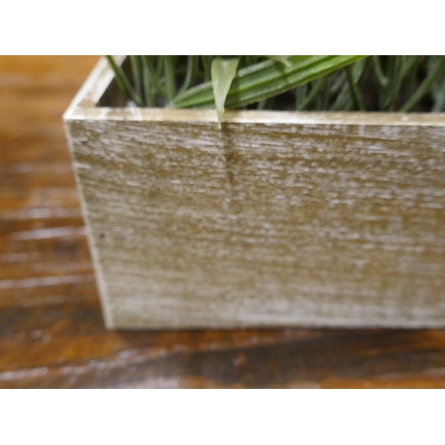 1336 - A display of faux lavender and onion grass in a wooden box, W 30cms (65880013)   #